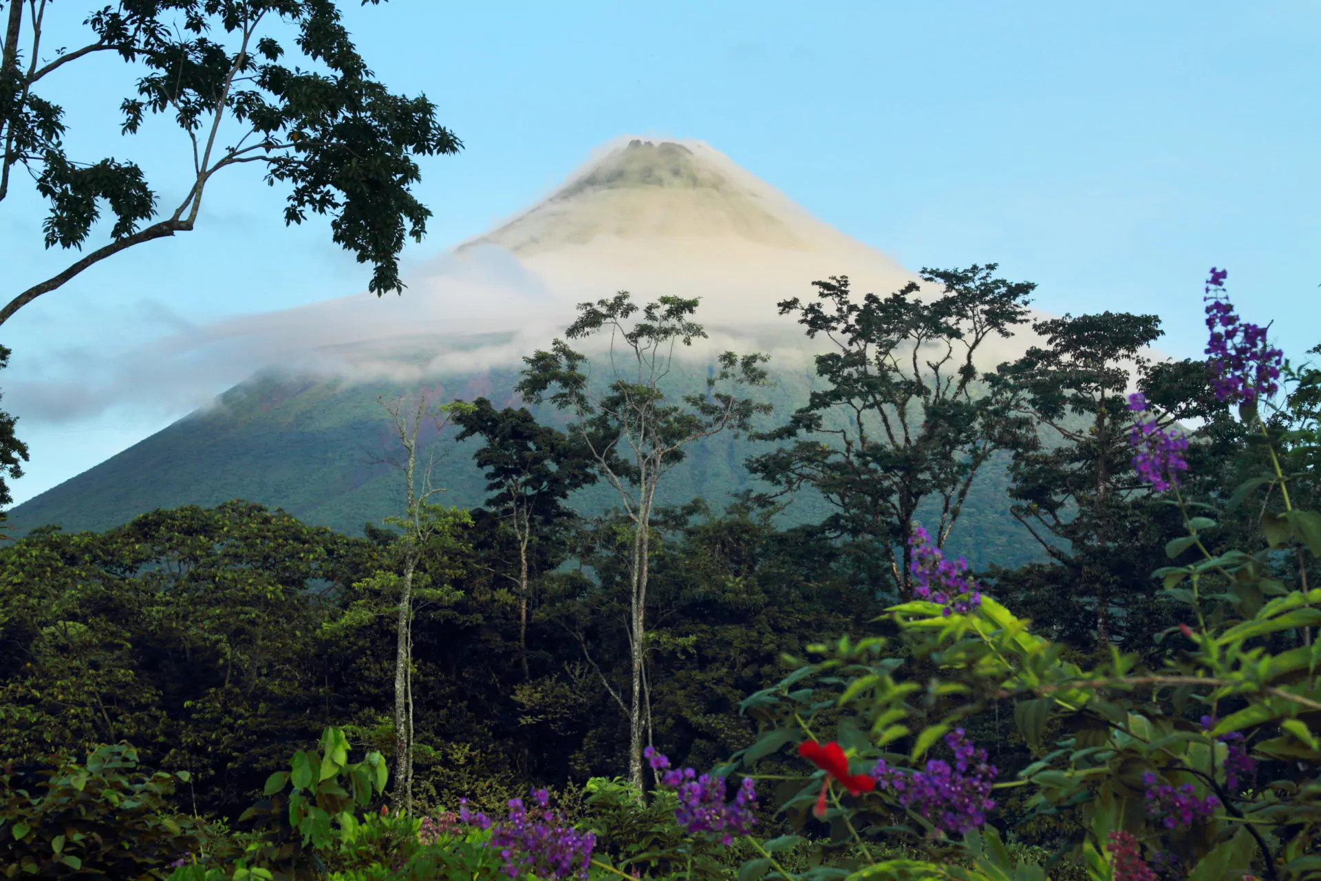 Costa Rica Rundreise Arenal_Casa Luna Volcan de fondo davor Regenwald