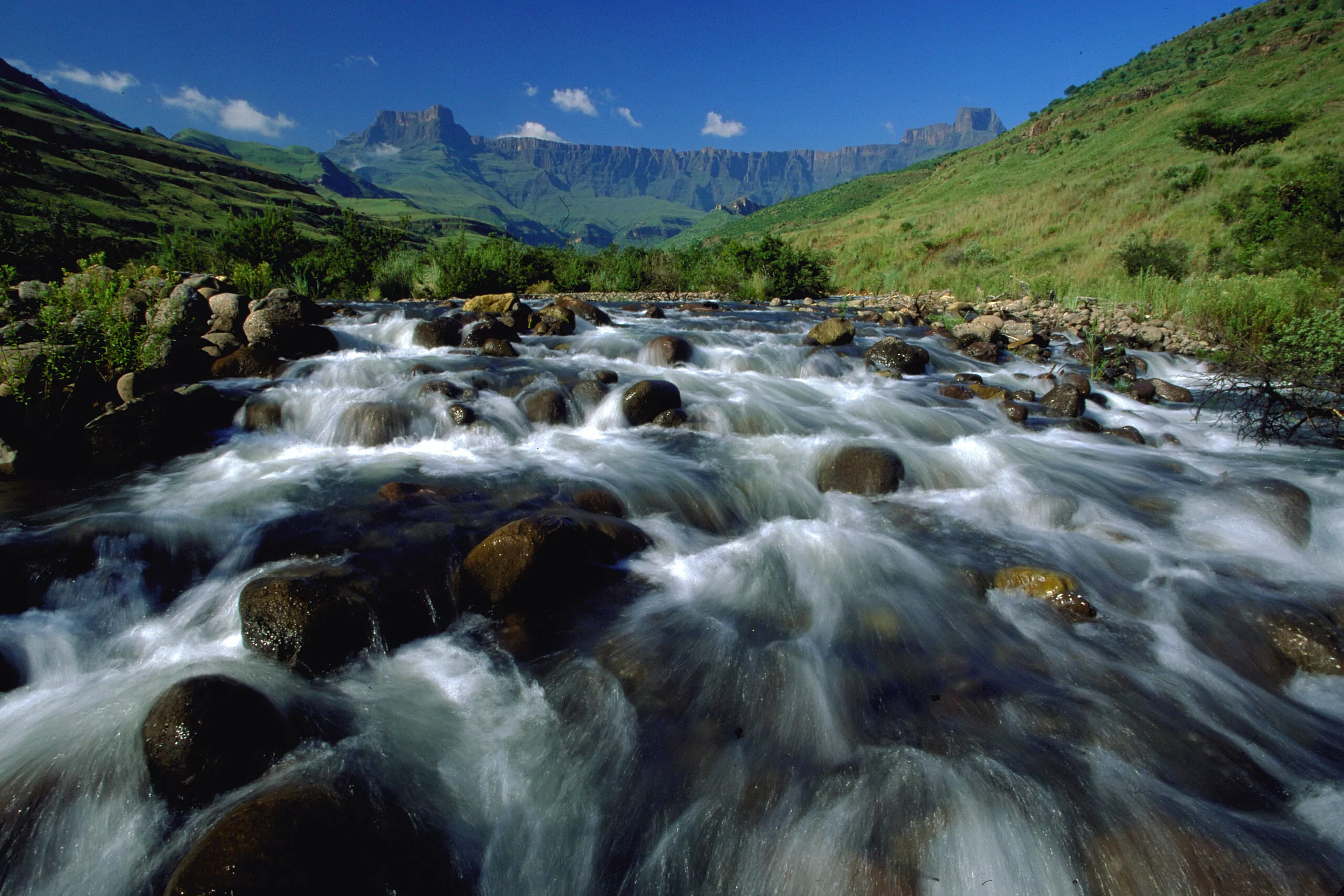 Suedafrika_Safari_Kwazulu_Natal_Drakensberge_Bach_mit_drakensberge_im_hintergrund